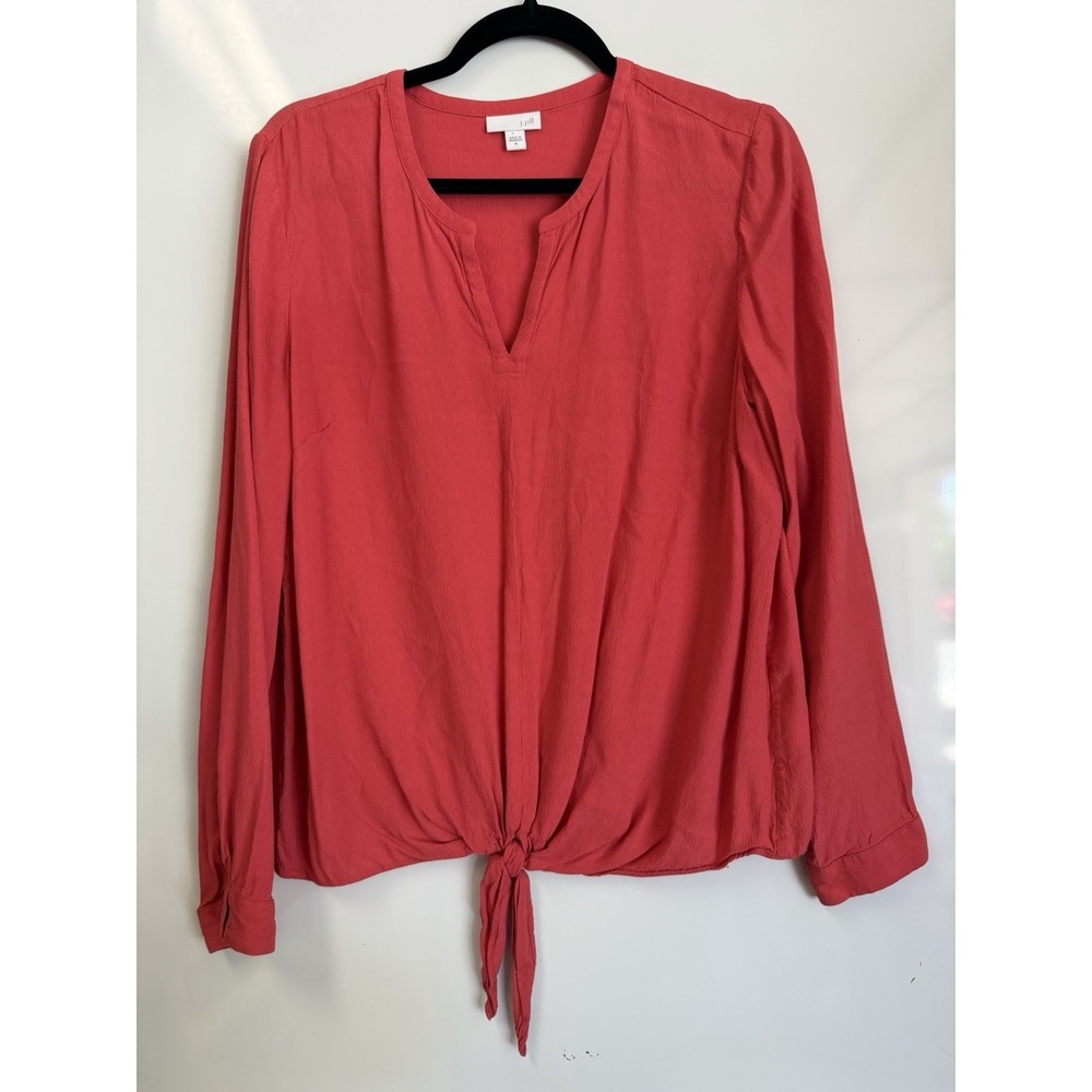J. Jill Solid Red V-Neck Tie Front Woven Rayon Blouse Long Sleeve Sz M
